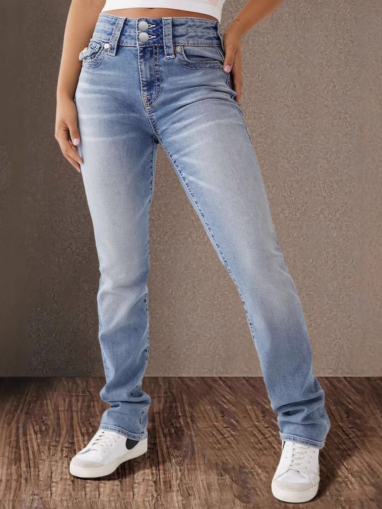 2025 New Double Button Women'S Slim-Fit Temperament Mid-Rise Straight Jeans