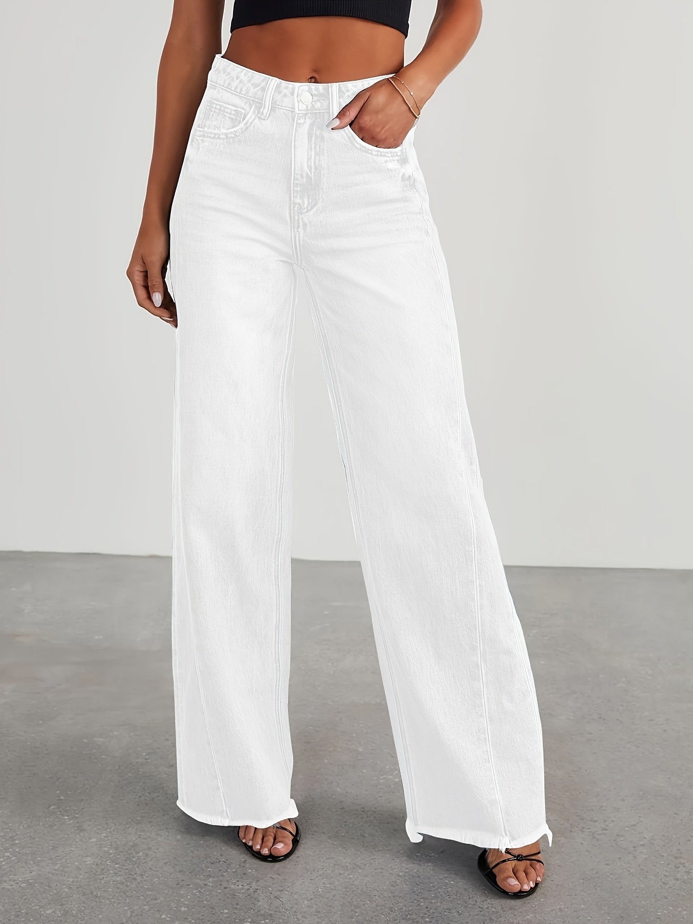 Women's High-Waisted Wide Leg Jeans - Casual Baggy Stretch Denim Pants with Pockets