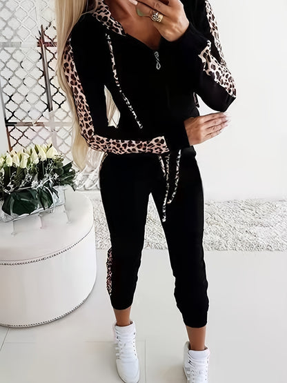 2pcs Leopard Print Jacket And Sweatpants Set, Long Sleeved Zipper Drawstring Hooded Jacket And Drawstring Waist Slanted Pocket Slim Fit Sweatpants, Women'S Clothing