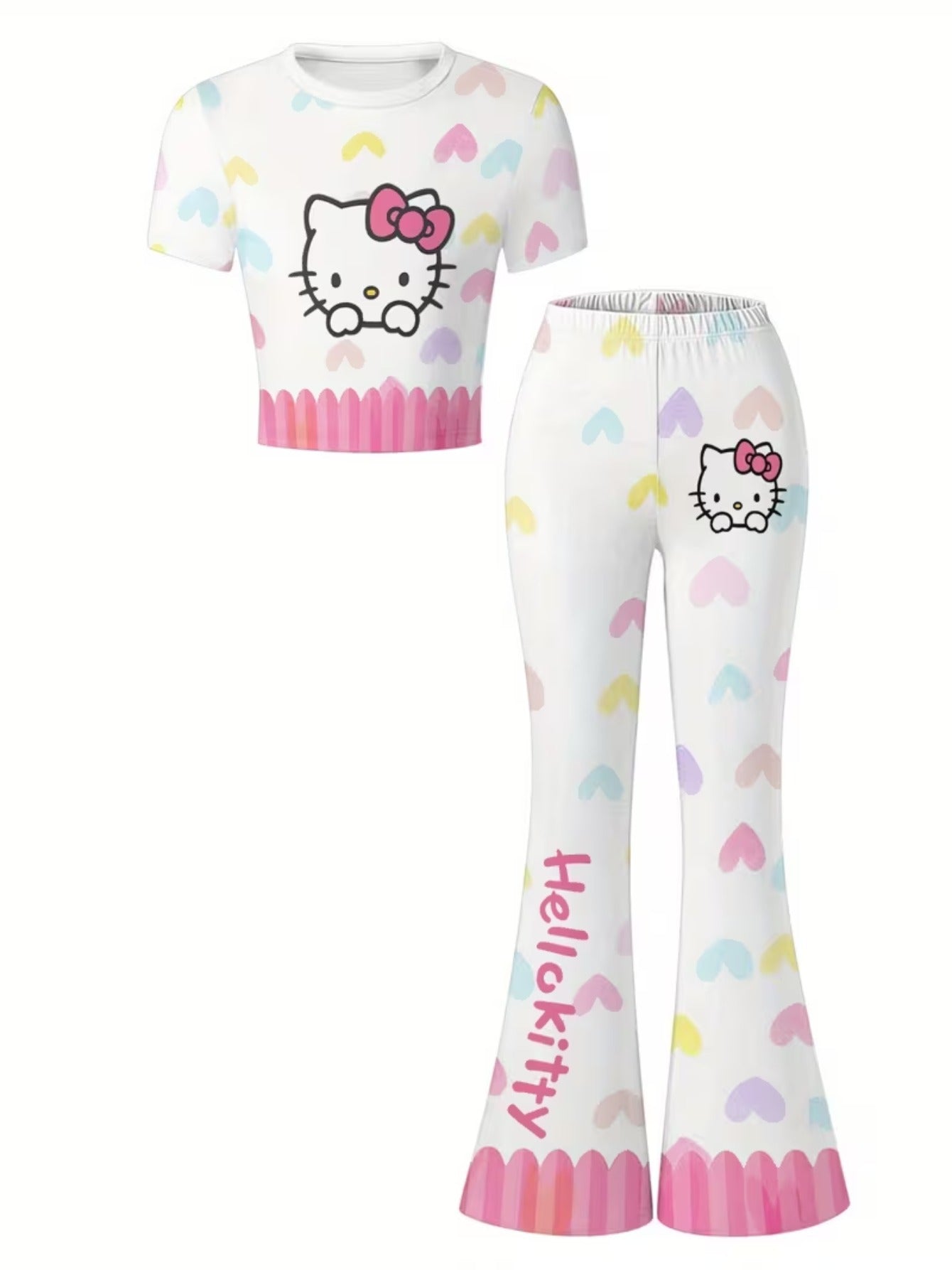 Sanrio-licensed Hello Kitty for My Melody Keroppi Pachadog Girls' Short-sleeved Top and Pants Set, Featuring a Cute Hello Kitty Printed T-shirt and Flare Pants, Perfect for Daily Wear and Outdoor Activities., Perfect for Outdoor
