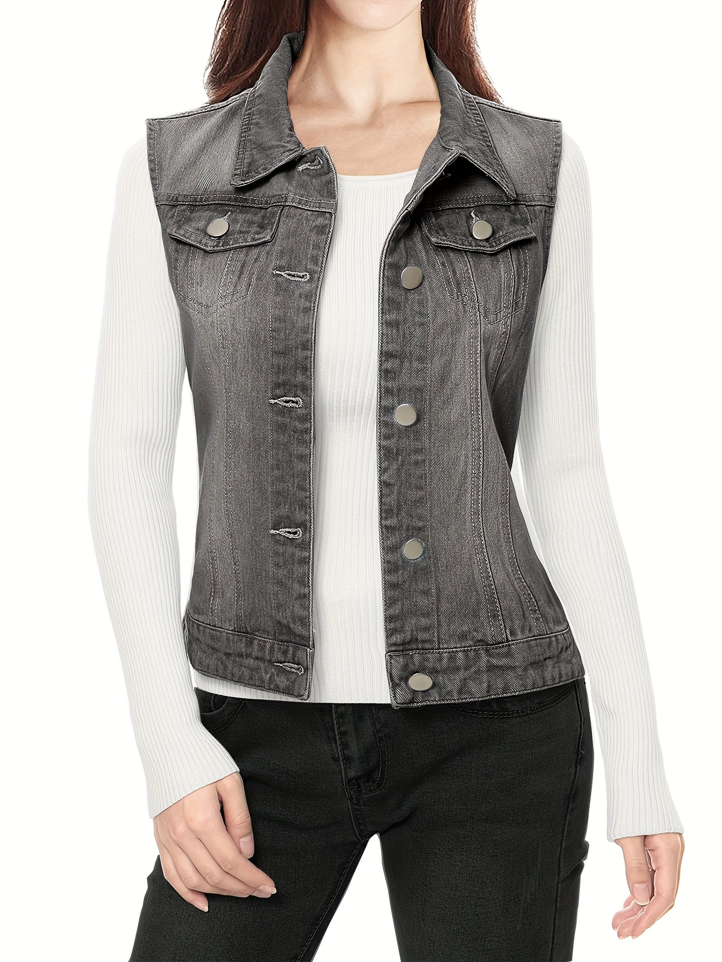 Women's Buttoned Washed Denim Vest Jacket W Chest Flap Pockets