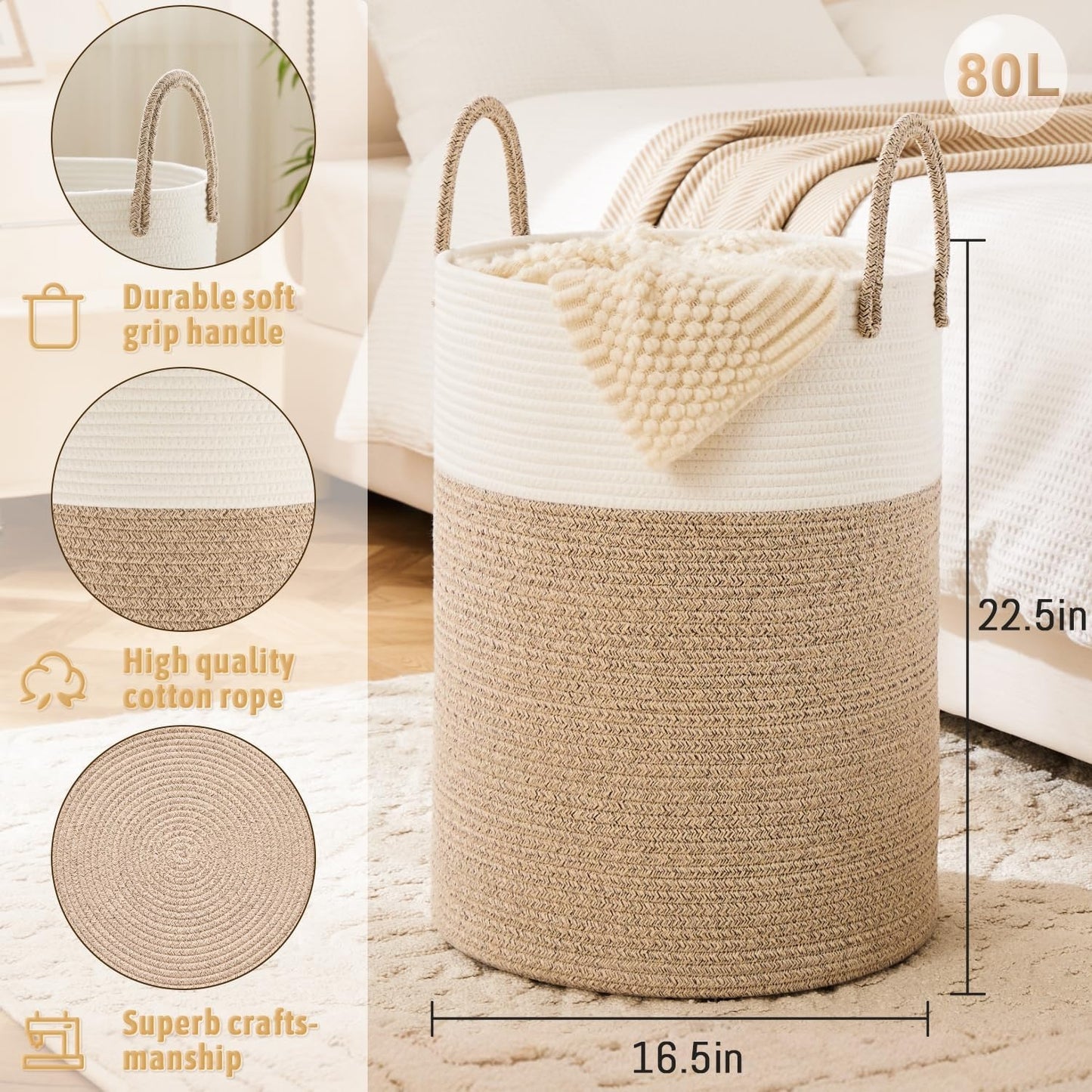 Collapsible Laundry Basket, Woven Rope Laundry Hamper, 12.15gal/15.85gal/ 21.13gal/26.42gal Laundry Bag For Decor Storage Of Dirty Clothes, And Blankets In Bathroom, Room And Living Room