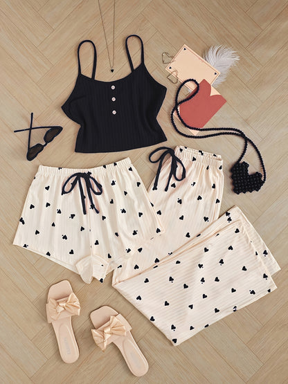 Trendy Heart Print 3pcs Pajama Set - Casual Cami, Shorts & Pants Loungewear for Sleep, Lounge & Daily Wear
