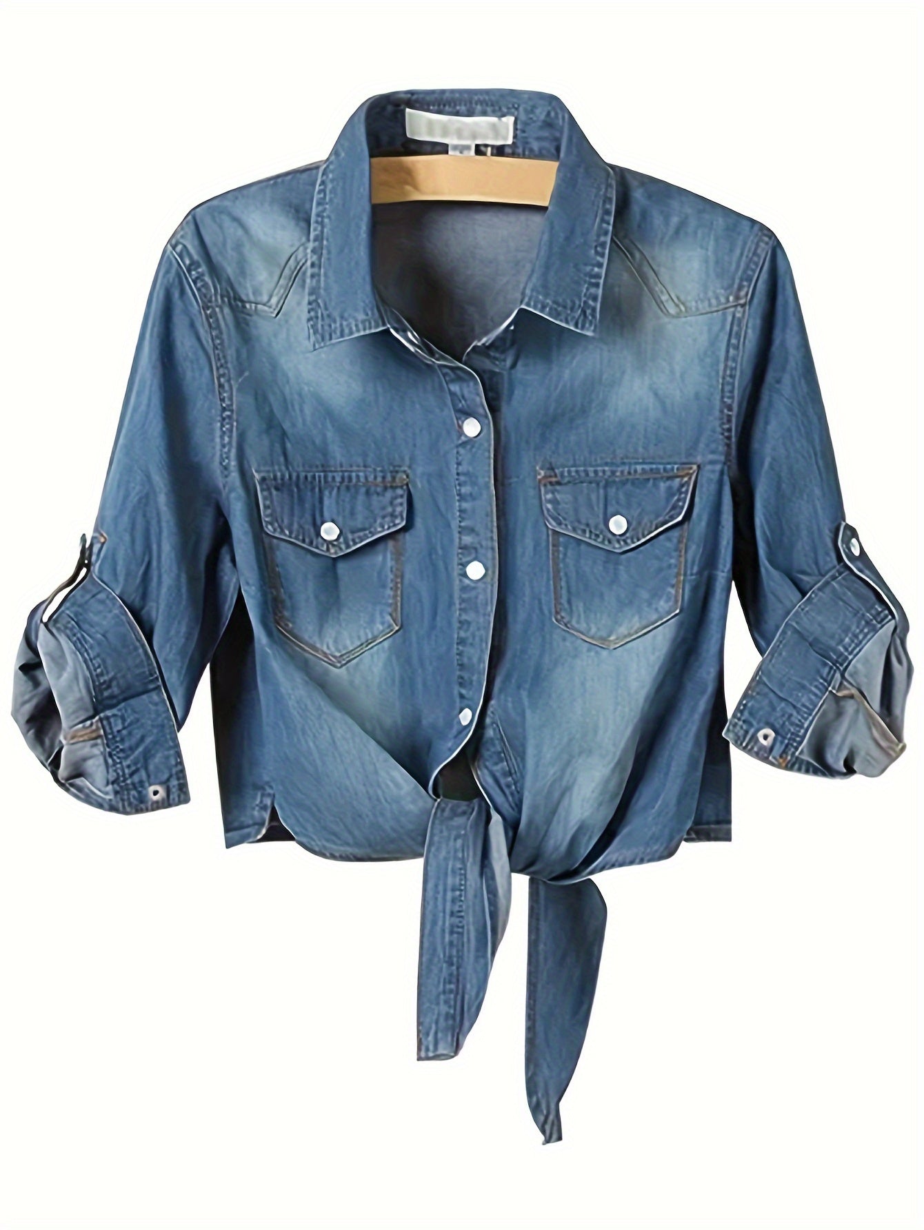[Denim Crop Top] Chambray Denim Women's Crop Top | Roll Up 3/4 Sleeve Tie Front Knot Shirt