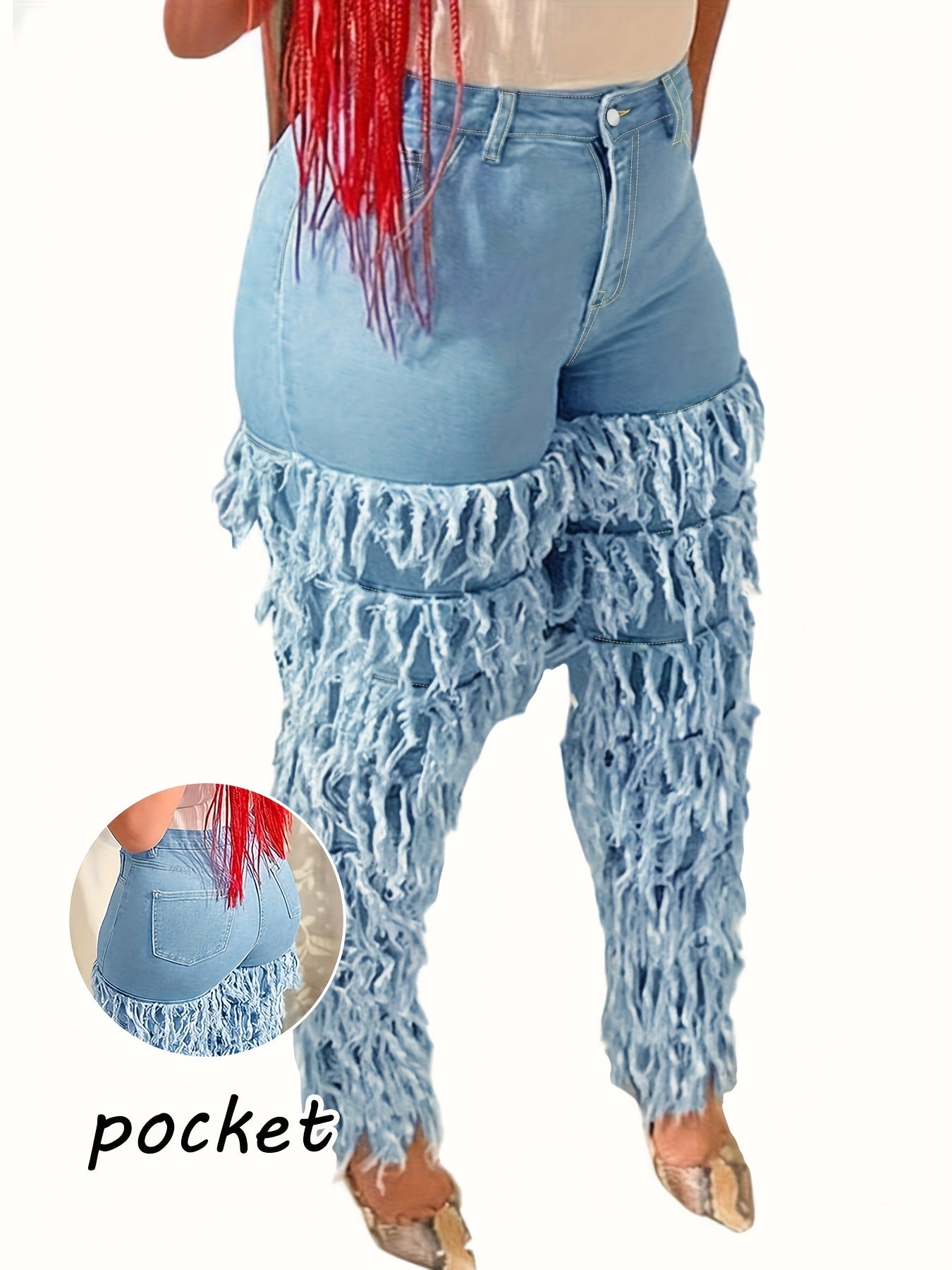 Plus Size Women's High Waist Stretchy Skinny Jeans - Solid Blue Denim, Leg Paneled with Fringe Layers & Frayed Edges, Retro Casual Fashion, Versatile for Parties & All-Season Outings