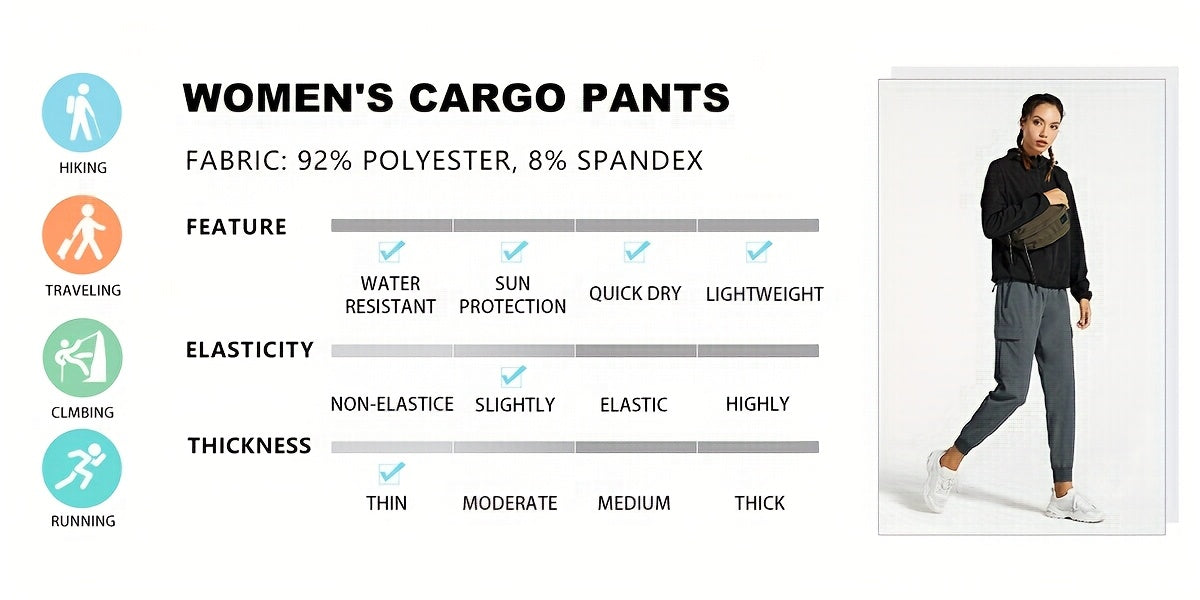 Women'S Cargo Joggers Hiking Pants Lightweight Quick Dry Camping 50+ Zippered Pockets