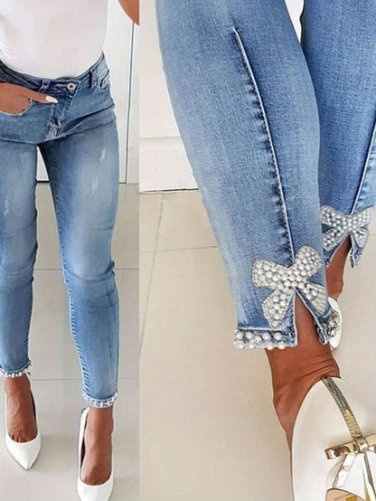 2025 Women'S Skinny Butterfly Sticky Flower Bead Split Small Foot Pencil Pants