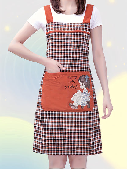 Stylish Unisex Plaid & Floral Portrait Print Apron - Red & Black Mix, Machine Washable with Front Pockets, Sleeveless Design for Kitchen, Home, or Flower Shop Use, Cute Apron, Kitchen Wear, Elegant Kitchenwear, Practical Kitchen Item