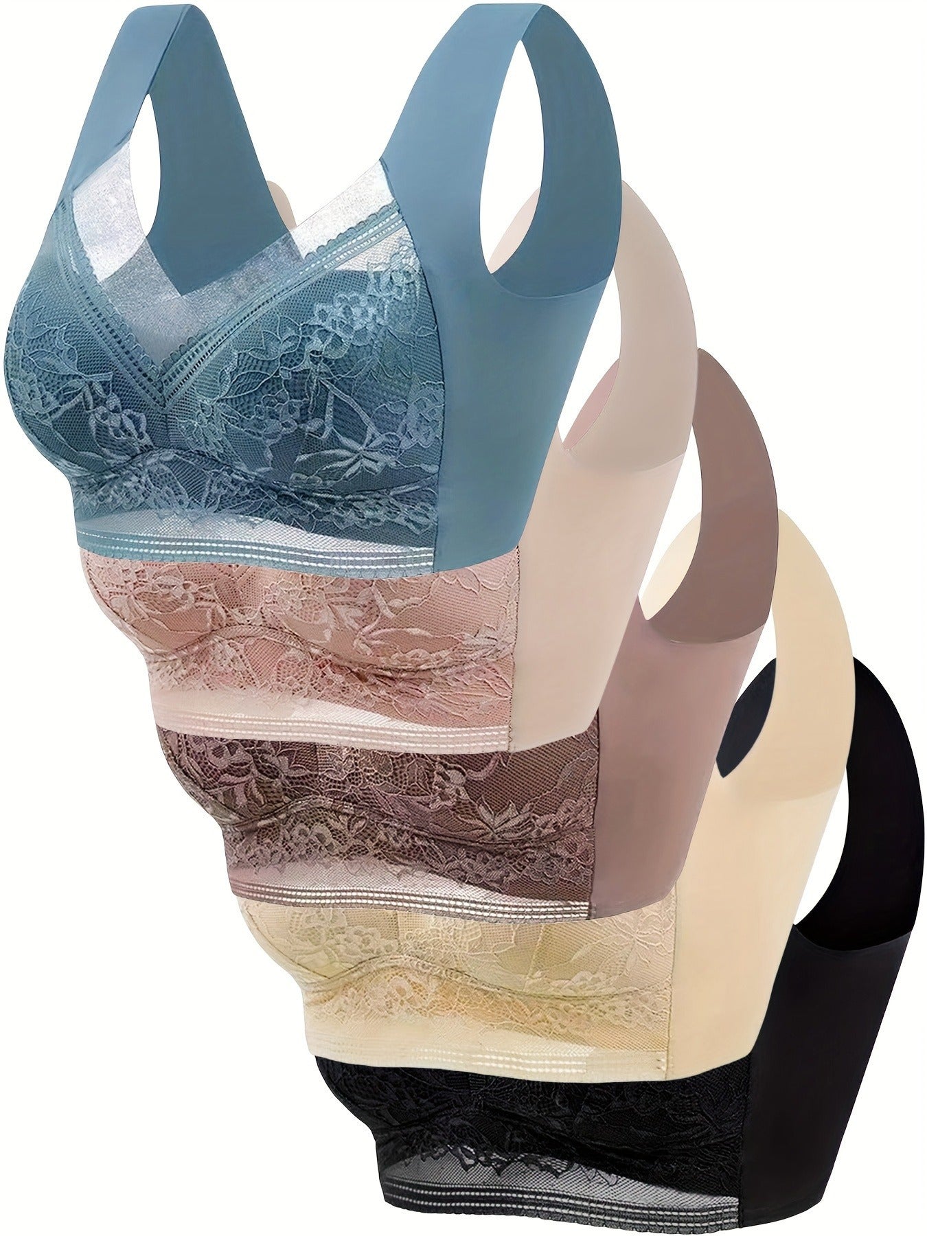 5pcs Elegant Floral Lace Wireless Bralette Bra, Comfy & Breathable Full Coverage Push Up Intimates Bra, Women's Lingerie & Underwear, Perfect for Adult Women's Casual Attire, Home, Dating And Other Occasions