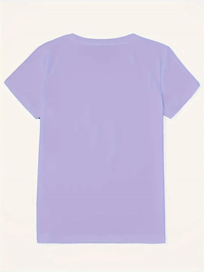 Plus Size, Women's Plus Size 1XL-5XL Bowknot & Print Short Sleeve T-Shirt - Glossy Casual Round Neck Blouse, Lightweight Spring Summer, Machine Washable Fit T-Shirts for Casual Attire (Plus Size Friendly) 1-5XL