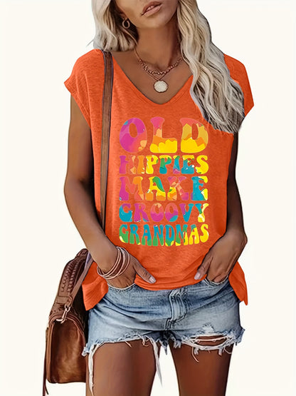 Women's Casual V-neck Sleeveless Vest- Retro "Old Hippie as a Charming Grandma" Pattern Print, Loose-fitting Summer Top, Machine-washable Black Printed Vest, Retro-style Daily Wear, Comfortable Fabric
