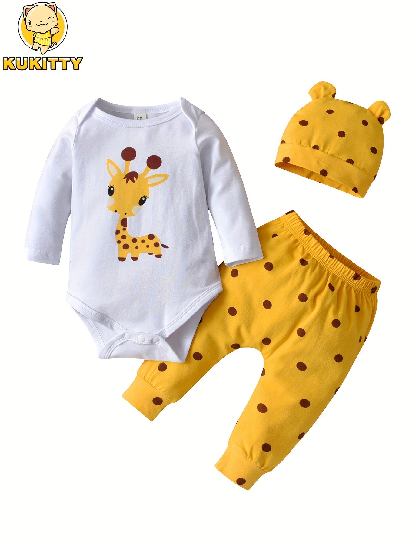 Kukitty Newborn Baby Girl Clothes Long Sleeve Giraffe Print Tops Dot Pants with Hat Infant Outfits Set, for Outdoor