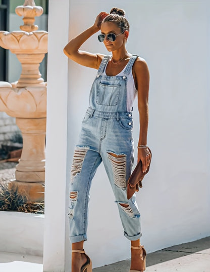 Women'S Blue Denim Overalls Featuring Adjustable Straps, Distressed Accents, And Pockets - a Stylish Backless Jumpsuit Perfect for Gatherings And Outings, Ideal for Outdoor Activities | Rigid Denim Fabric