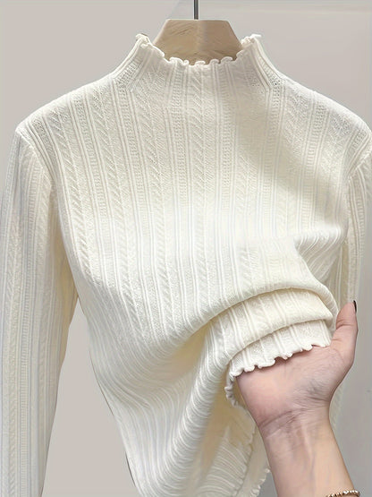Soft Lettuce Trim Mock Neck Pullover Sweater - Ultra-Soft And Cozy Casual Wear With Long Sleeves For Maximum Comfort, Versatile Inner Wear For Layering, Perfect For Transitional Seasons (Spring And Fall) - Exclusively Designed For Women