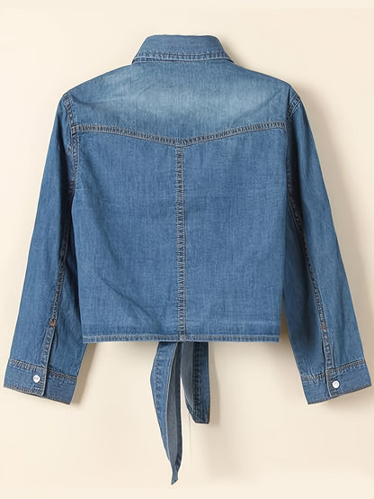 [Denim Crop Top] Chambray Denim Women's Crop Top | Roll Up 3/4 Sleeve Tie Front Knot Shirt