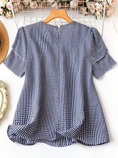 Plus Size, Women's Plus Size Short Sleeved Checkered Shirt Summer Casual Round Neck Outdoor Casual Top