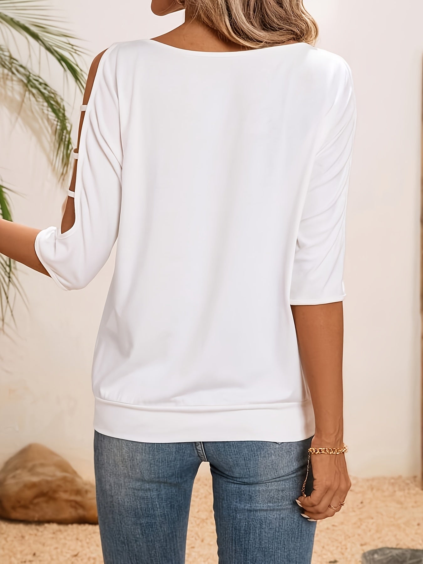 Spring And Summer New Solid Color Round Neck T-shirt Casual Hollow Off-shoulder Short-sleeved Top