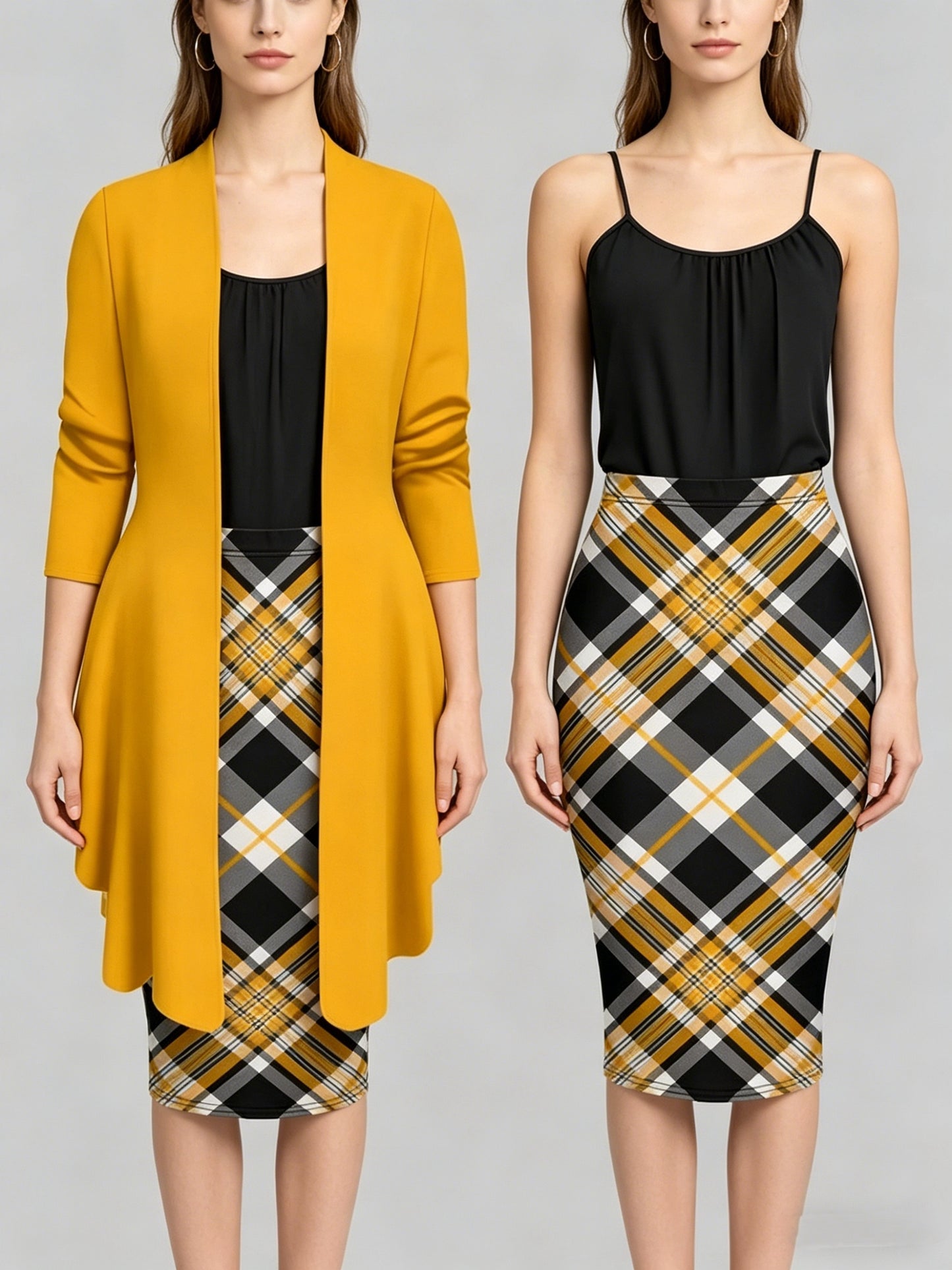 Women'S Retro Irregular Hem Three-Quarter Sleeve Cardigan + Black Camisole and Plaid Bodycon Skirt Three-Piece Set - Spring/Autumn Commuter and Party Outfit
