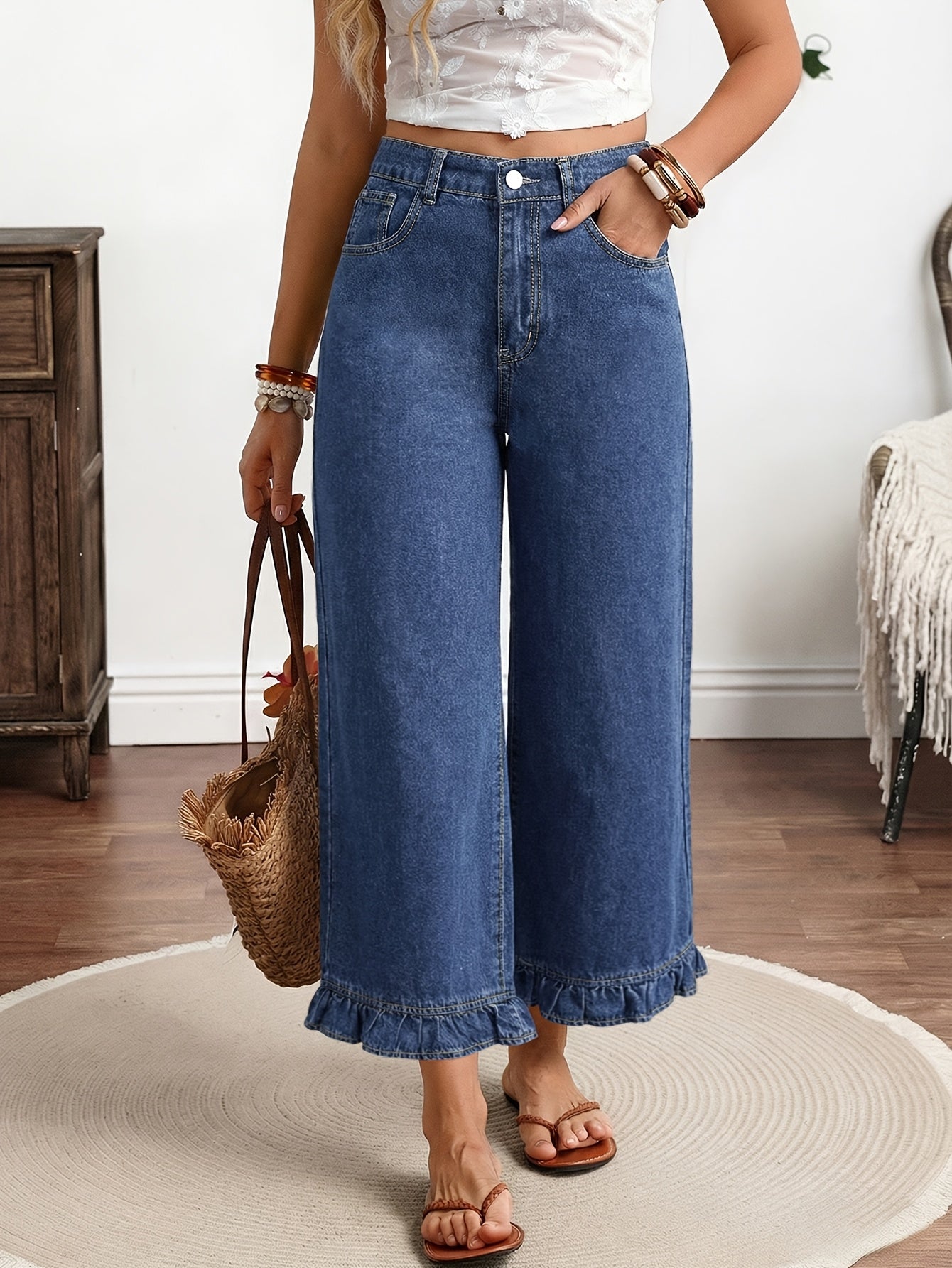 Women's Capri Pants, Long-length Denim Jeans with an Elastic Waistband, Ruffled Hems, Loose and Comfortable Fit, Solid Blue Color, High-waisted Straight-leg Style, with Pockets, Elegant, Mature, Fashionable, Casual, and Versatile, Suitable for Spring