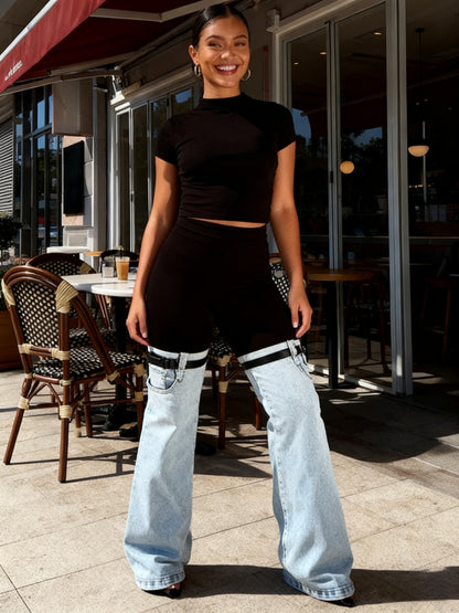 Women'S High Waist Two Tone Patchwork Flare Pants, Black Slim Fit Leggings with Light Wash Denim Bell Bottom Legs And Adjustable Buckle Strap Design for Y2K Streetwear, Perfect for Retro Streetwear Looks