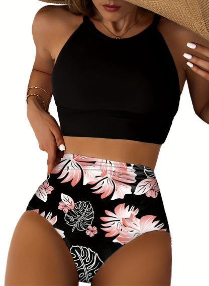 1set Women'S High-Waisted Bikini Set, Quick-Dry Polyester Knit Fabric, Sleeveless, Floral Print, Conservative Beach Swimwear