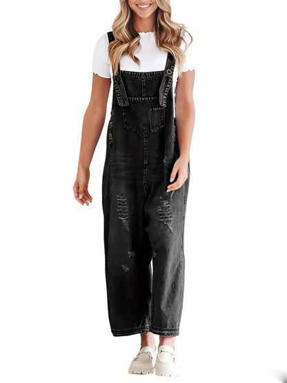 Casual Denim Overalls for Women Featuring a Loose Fit, Adjustable Straps, Distressed Design, And Pockets