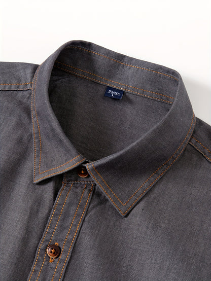 A Stylish Men's Casual Shirt With Long Sleeves And A Jacket, A New Spring And Autumn Men's Top With A Solid Color Pocket Design And A Lapel Collar.