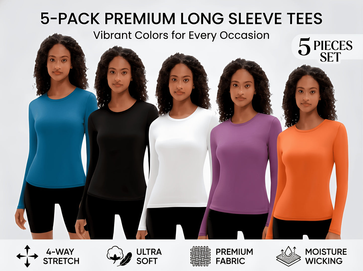 5pcs Women'S Long Sleeve T-Shirts - High Stretch, Moisture-Wicking & Breathable, Five Color Options for, Outdoor - Four Seasons Collection, Shirts, Wear, Solid Color Top, Breathable Fabric