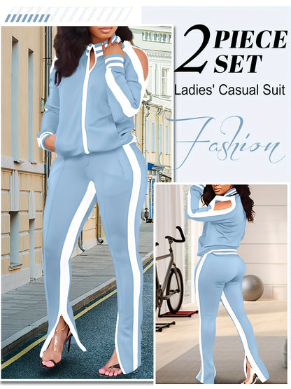 Women's 2pcs Athletic Tracksuit Set, Striped Contrast Shoulder Slit Top & Zipper Hem Sporty Pants, Activewear Lounge Set