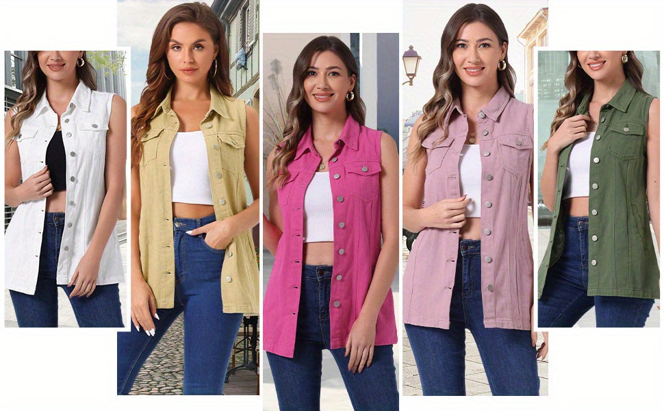 Women'S Denim Vest Sleeveless Button Waistcoat Casual Long Jean Vests