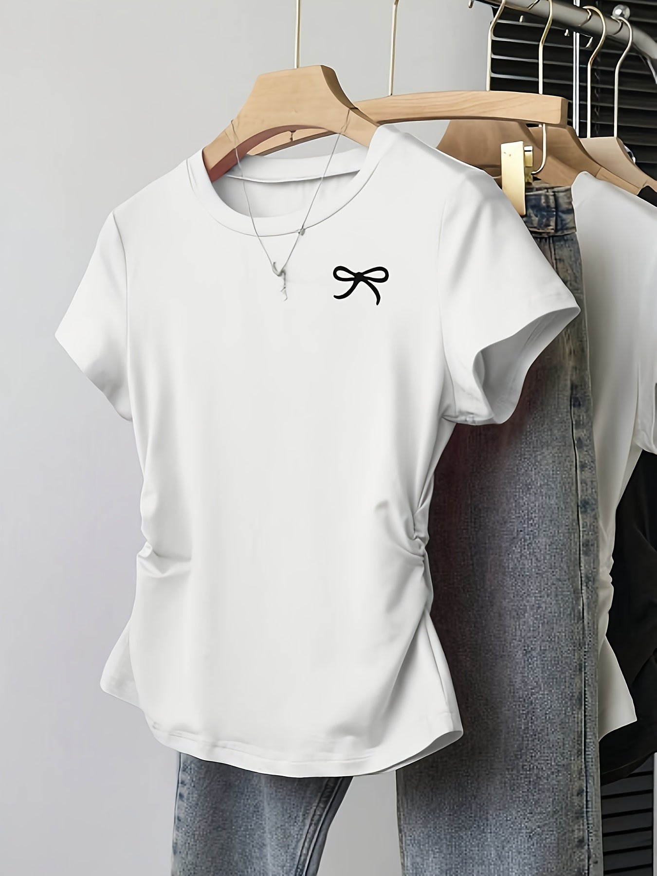 3pcs Pleated Round Neck Short Sleeve Bow Print Casual Versatile T-Shirt Top
