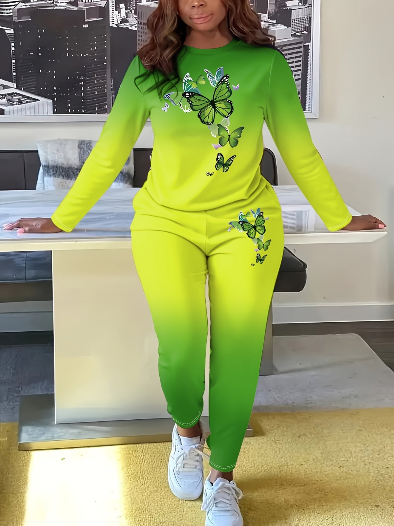 Plus Size, Ladies Casual Gradient Color Suit, Long Sleeved Pants Butterfly Print, Pants with Pockets