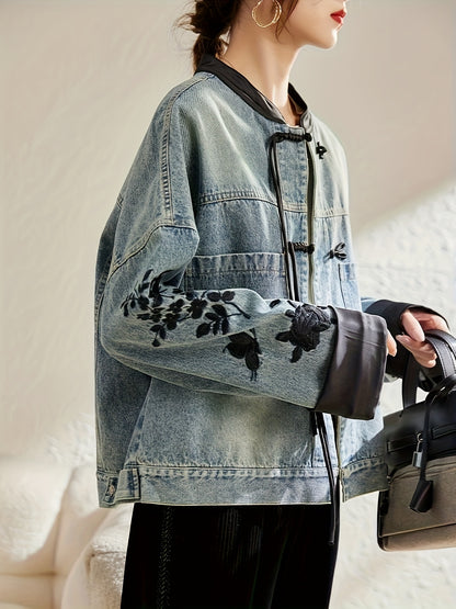 Chinese Style Jacket Women's Non-Stretch Denim Jacket - Vintage Chinese Knot Accent, Lightweight Spring/Fall Coat Non-Transparent Casual Outerwear, Transitional Weather Wear, Intricate Embroidery, Chinese New Year Clothes