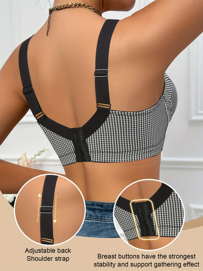High-end Black And White Checkered Women's Bra with Underwire And Wide Shoulder Straps