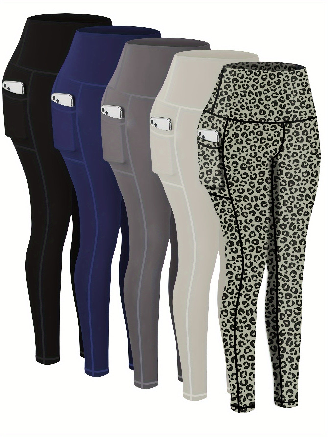 2026 5-Pack Plus Size Sports Leggings For Women, High-Waisted Cropped Yoga Pants With Pockets, Fitness Running Compression Tights, Game Day Fan Gear for Football and All Fans