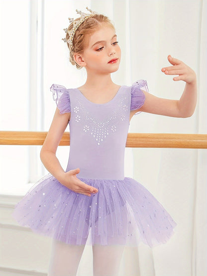 [Perfect Gift] Sweet Girls Ruffle Sleeve Ballet Skirted Leotard Shiny Dance Tutu Dresses for Ballet Gymnastics Performance, Perfect for Outdoor, All Seasons, Gift for Back-to-School Season, Beach Essentials, Perfect for Outdoor
