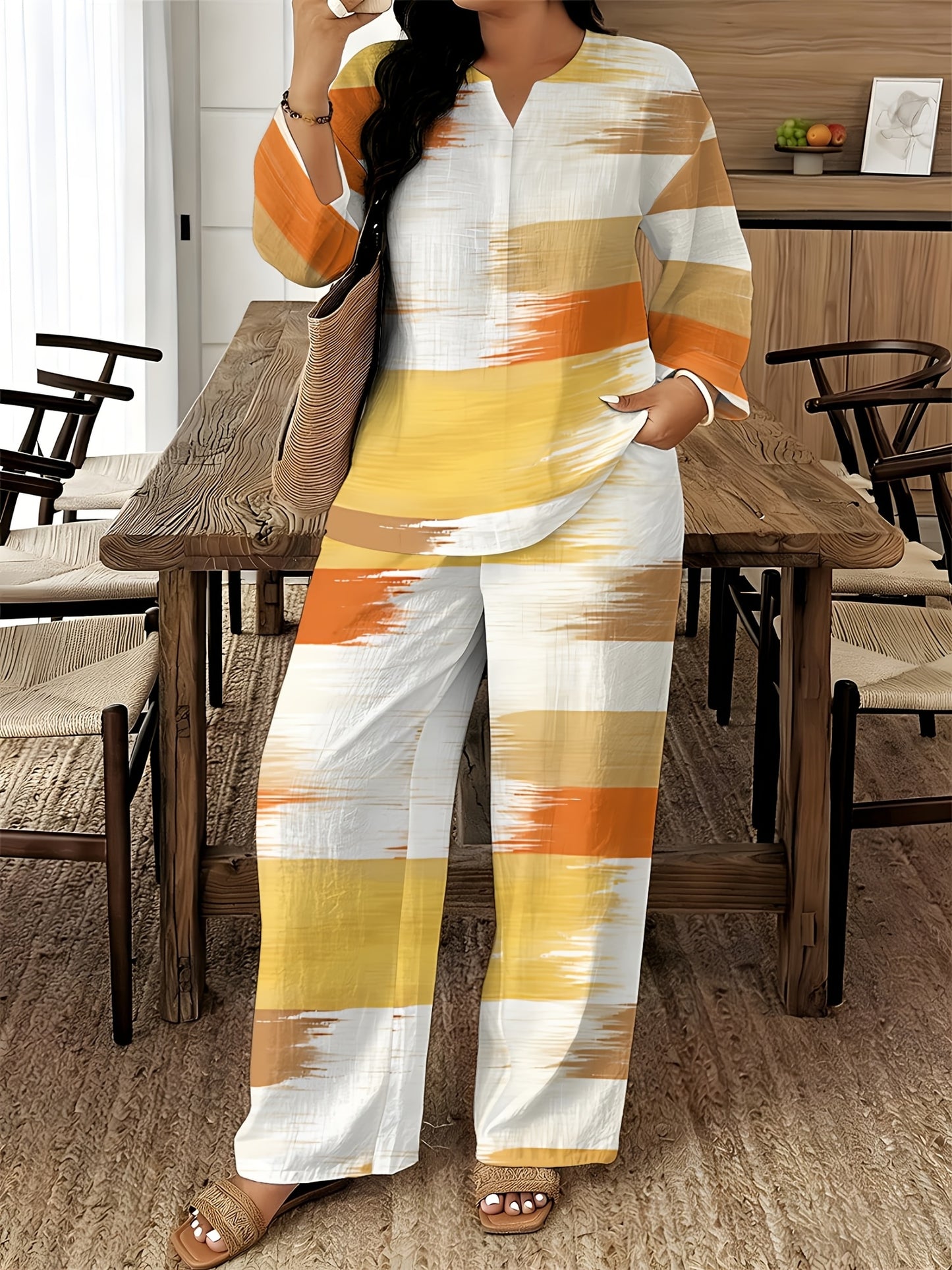 2026 New Women's Standard Size Long Sleeved Pants 2pcs Set, Set, Spring And Summer New V-Neck Long Sleeved Shirt Printed Elastic Waistband Pants 2pcs Set, Digital Printing Machine Washable Fabric, Elegant And Comfortable