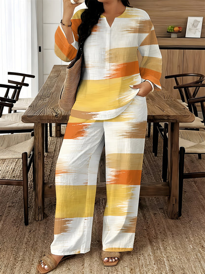 2026 New Women's Standard Size Long Sleeved Pants 2pcs Set, Set, Spring And Summer New V-Neck Long Sleeved Shirt Printed Elastic Waistband Pants 2pcs Set, Digital Printing Machine Washable Fabric, Elegant And Comfortable