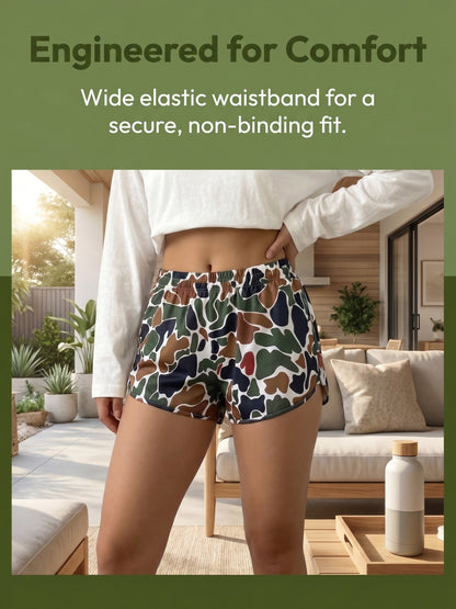 Camouflage Shorts - Green Brown Camo Elastic Waist with Drawstring, Durable Polyester Shorts Suitable for Park Strolling, Home & Outdoor Activities, Spring Summer Casual Wear, Camo Shorts for Everyday Use