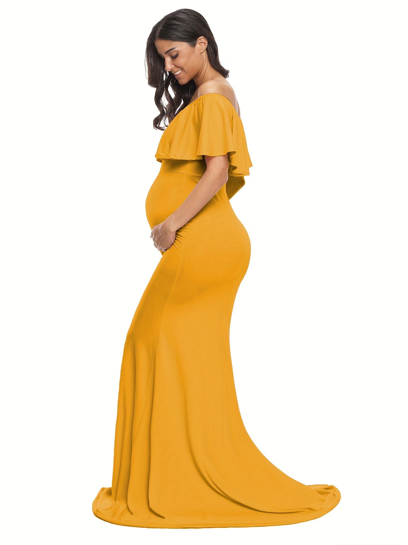 Womens Off Shoulder Maternity Dress Ruffles Elegant Slim Gowns Fit Maxi Photography Dress