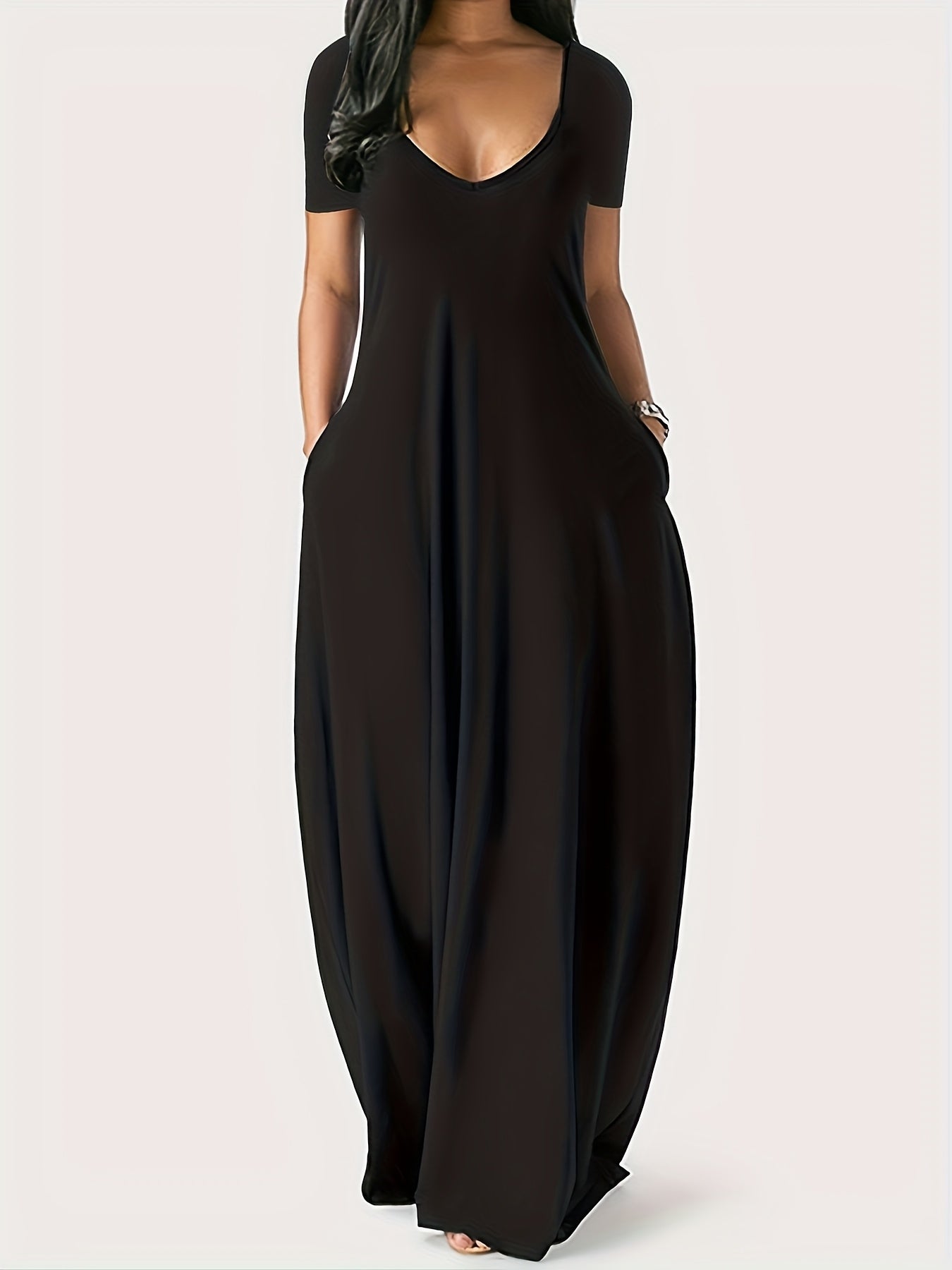 2pcs Set Of Summer V-neck Long Skirt, Casual Loose And A-line Dress, Women'S Short Sleeved Versatile Long Skirt, Short Sleeved Long Skirt, Big Swing Long Skirt, And Lazy Style