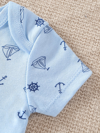 5pcs Set of Baby Boys' Short Sleeved Cartoon Triangle Jumpsuit, Ha Yi, Baby Boys' Ocean Boat Anchor Casual Crawling Suit, for Outdoor