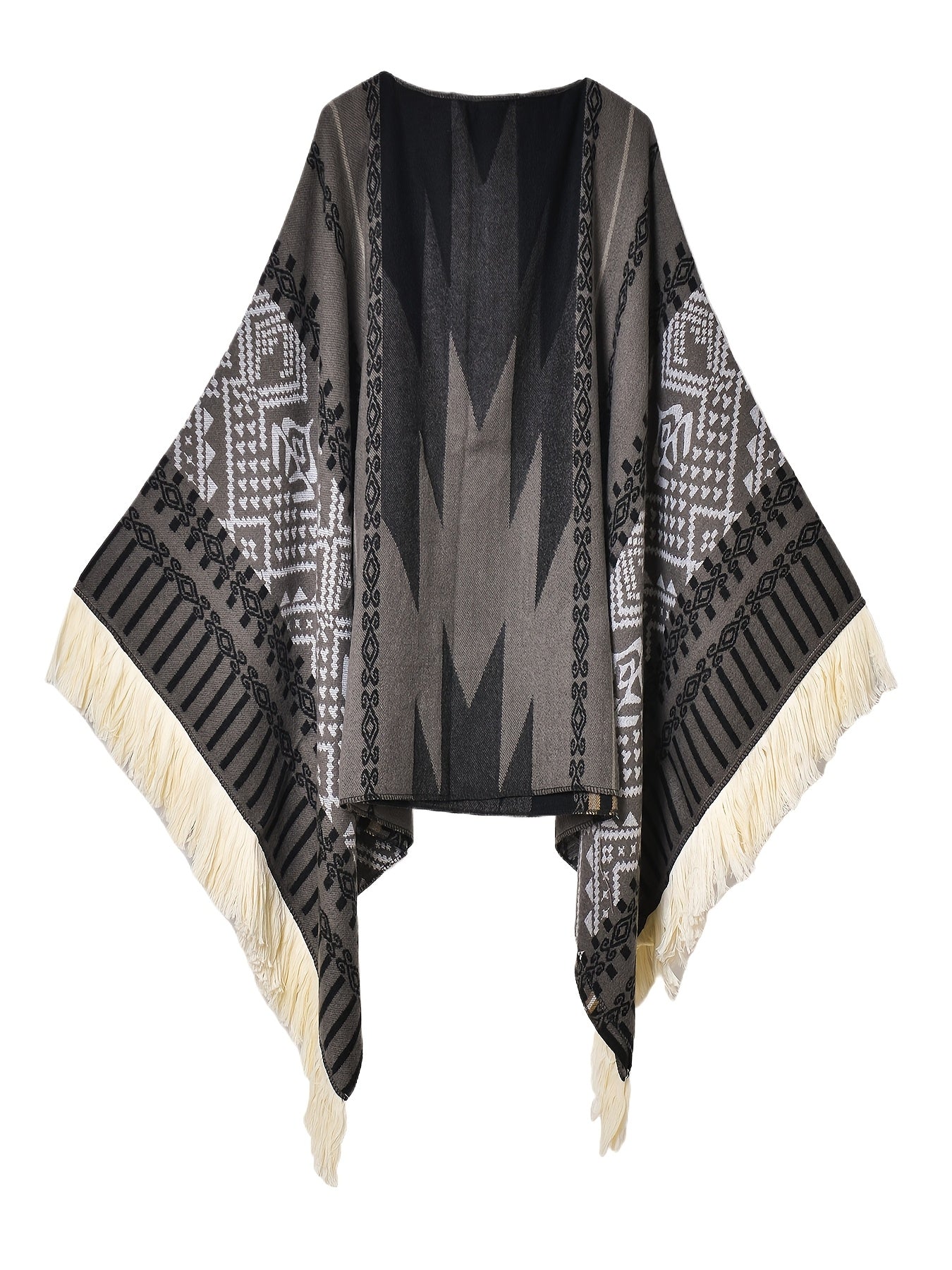 Men's Western Bandit Cape Coat with Tribal Print, Warm V-Neck Poncho with Tassel Trim for Outdoor Adventures, Fall and Winter Casual Wear (Brown/ White)