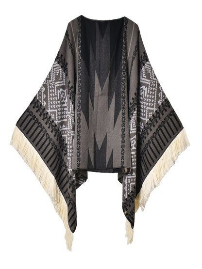Men's Western Bandit Cape Coat with Tribal Print, Warm V-Neck Poncho with Tassel Trim for Outdoor Adventures, Fall and Winter Casual Wear (Brown/ White)