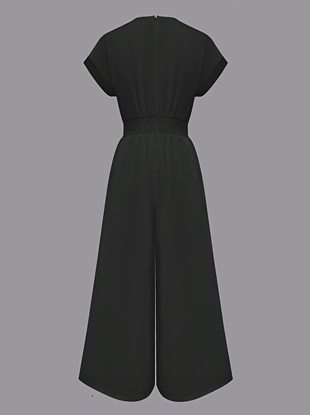 Women'S One-Piece Home Clothes, Solid Color Short-Sleeved V-Neck Wide-Leg Jumpsuit, Women'S Elegant Waist Pants, High-End Fashion Slim-Fitting Wide-Leg Pants with Pockets