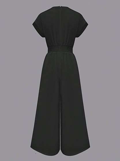 Women'S One-Piece Home Clothes, Solid Color Short-Sleeved V-Neck Wide-Leg Jumpsuit, Women'S Elegant Waist Pants, High-End Fashion Slim-Fitting Wide-Leg Pants with Pockets