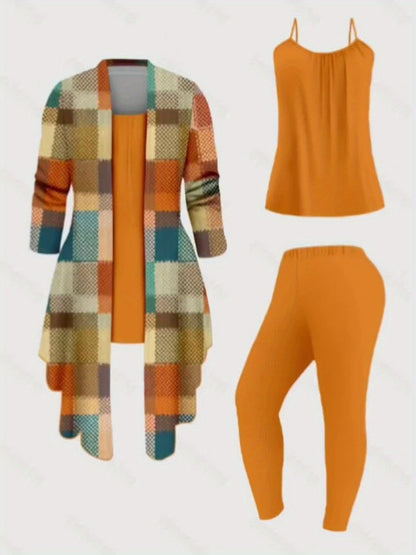 Fashion Women's Set of 3pcs, Printed Cardigan Jacket and Slacks Vest 3pcs