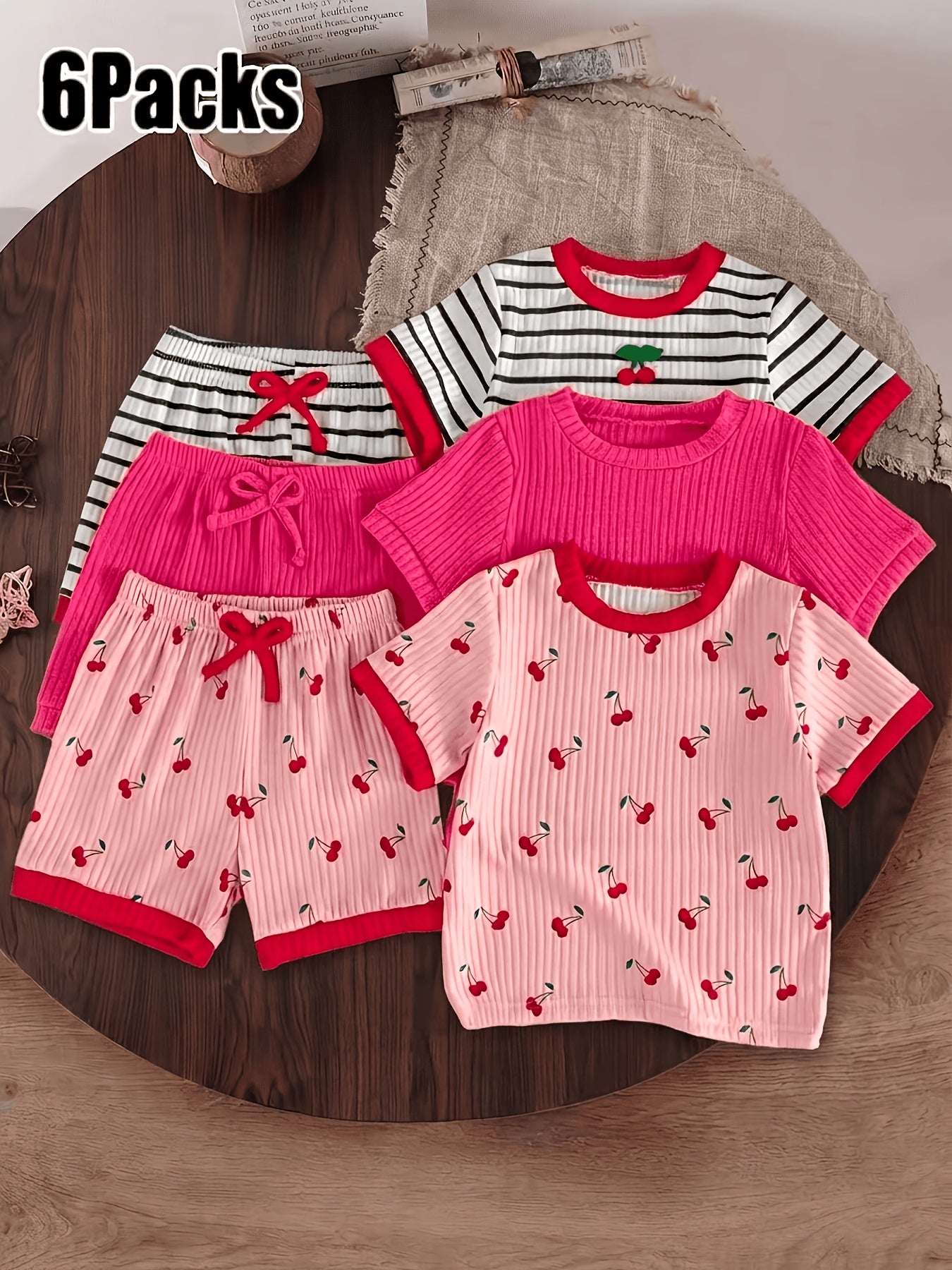 6pcs Set Of Girls' Summer New Cherry Fruit Pattern Short-sleeve And Shorts Comfortable Outfit, Perfect for Outdoor