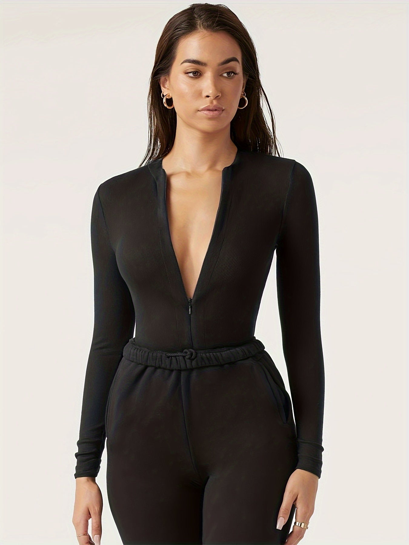 Zip Up V Neck Bodysuit, Sexy Long Sleeve Versatile Sportswear Bodysuit, Women's Clothing
