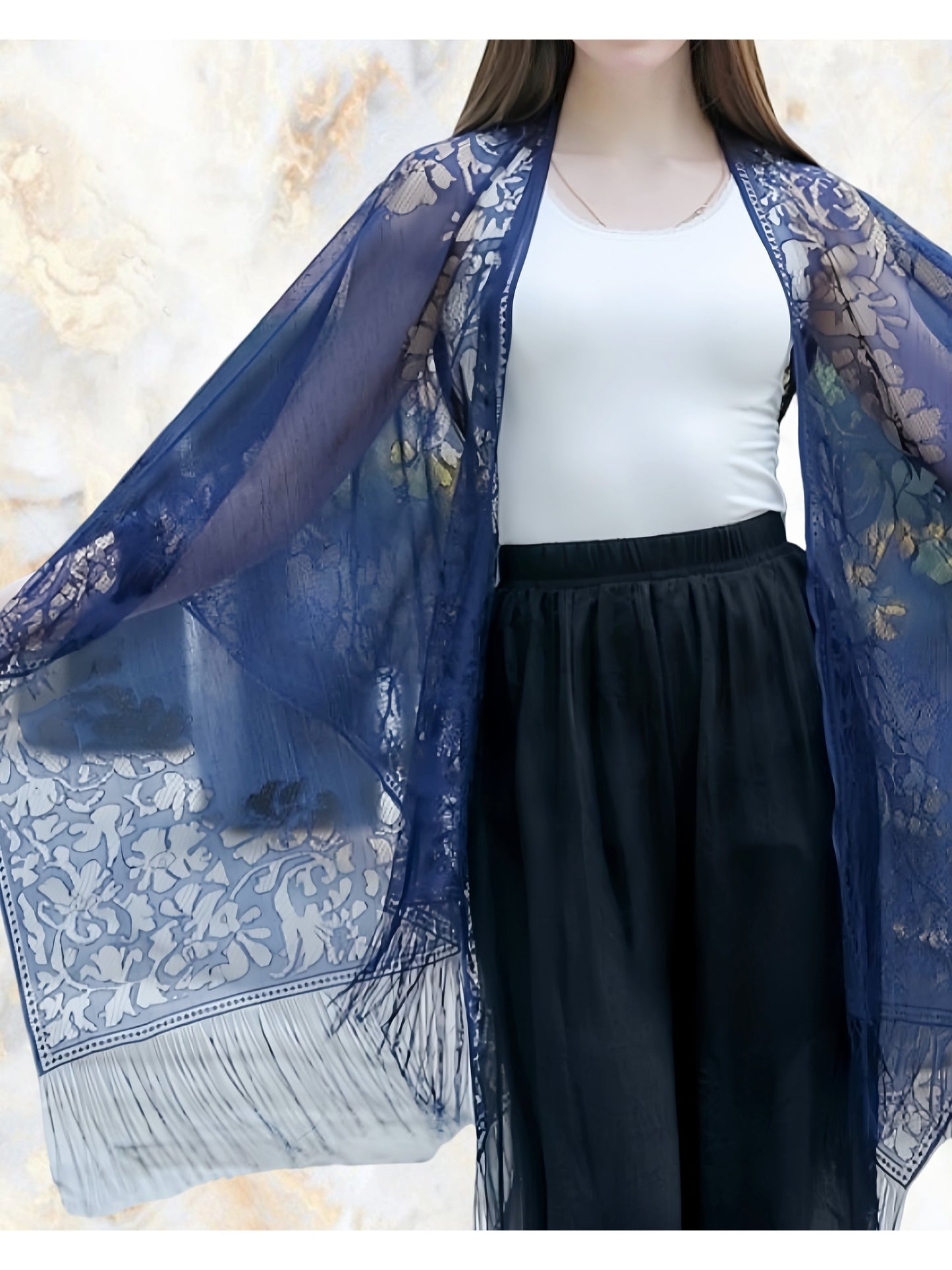 Woman's Plus Size Boho Cover Up, Lace Kimono, Women's Plus Floral Lace Batwing Sleeve Cover-Up, Open Front Tassel Trim Kimono, Lightweight Beach Cover Up